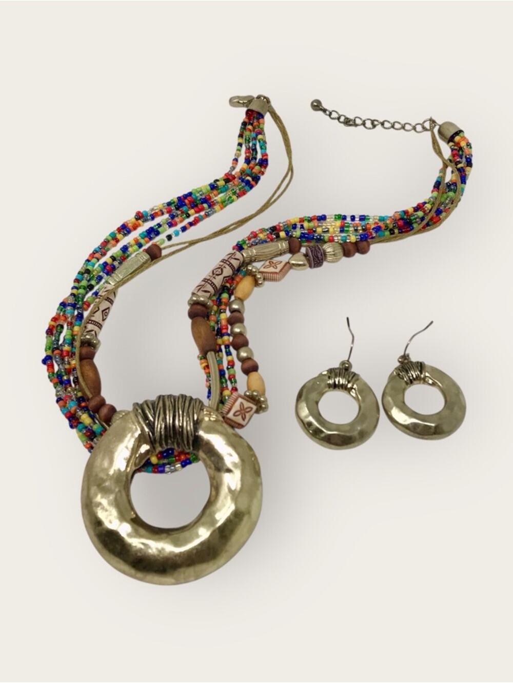 Boho Beaded Necklace & Earring Set Gold-Tone Festival Multi-strand Seed Beads